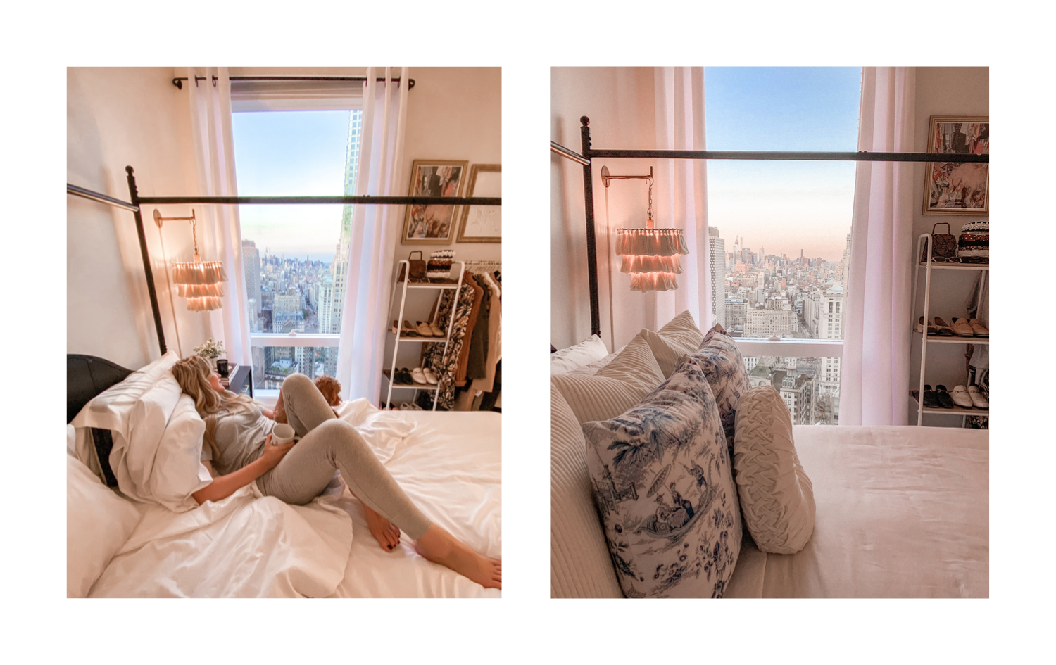 Anna relaxing in her bedroom with New York City skyline.