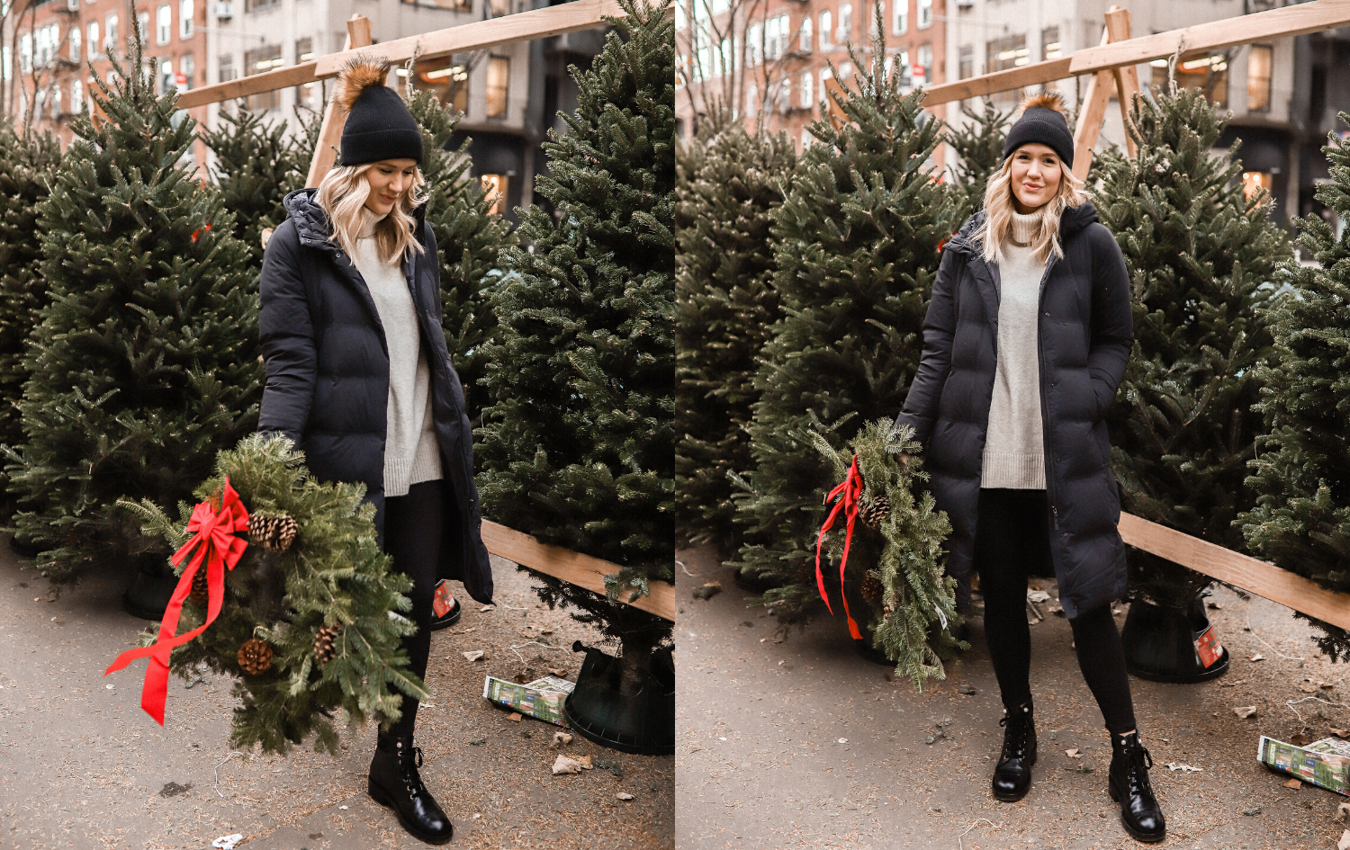 Anna getting a real Christmas tree in New York City.
