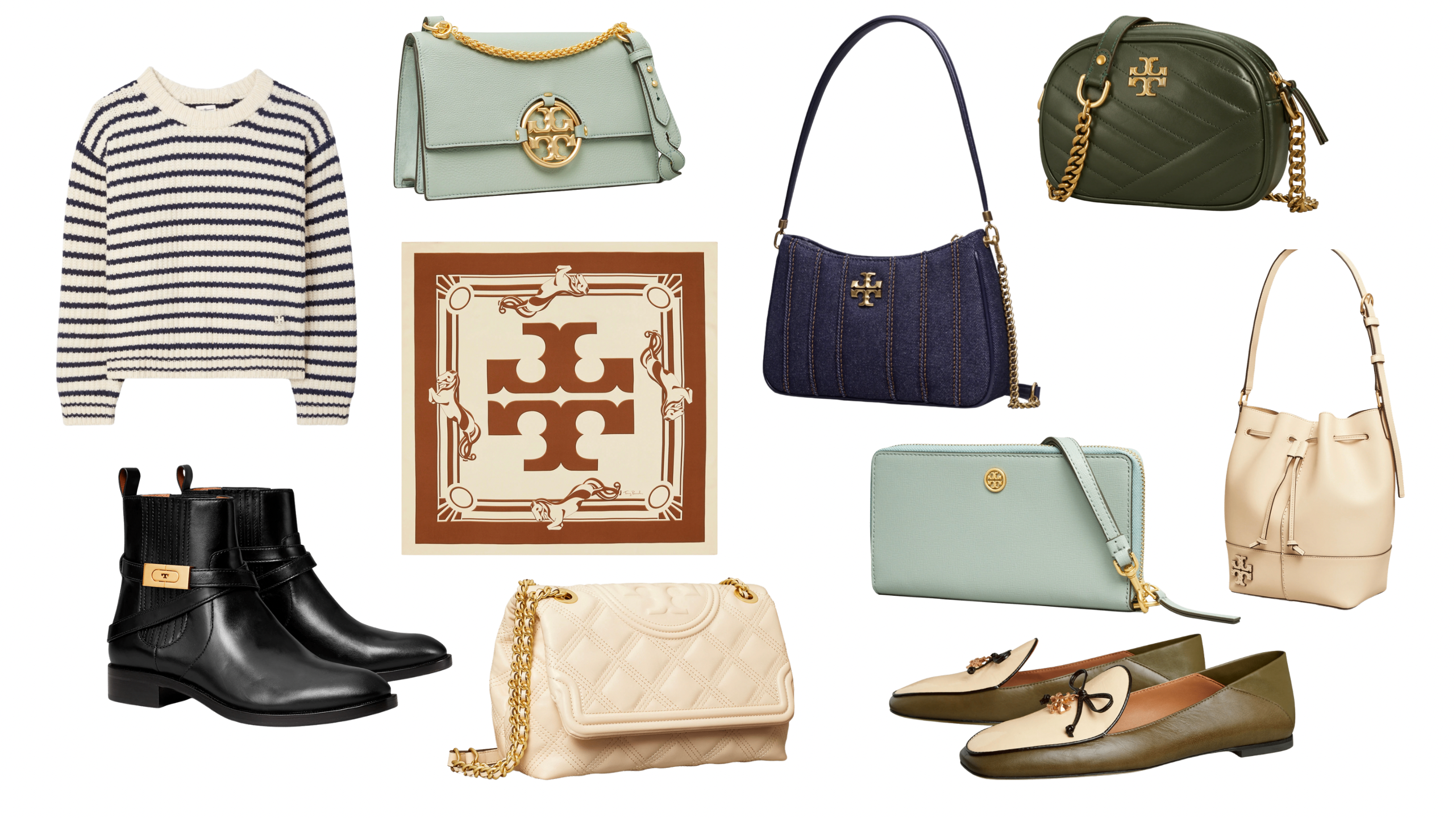 Photos of Tory Burch sale items like clothes, handbags, and shoes.