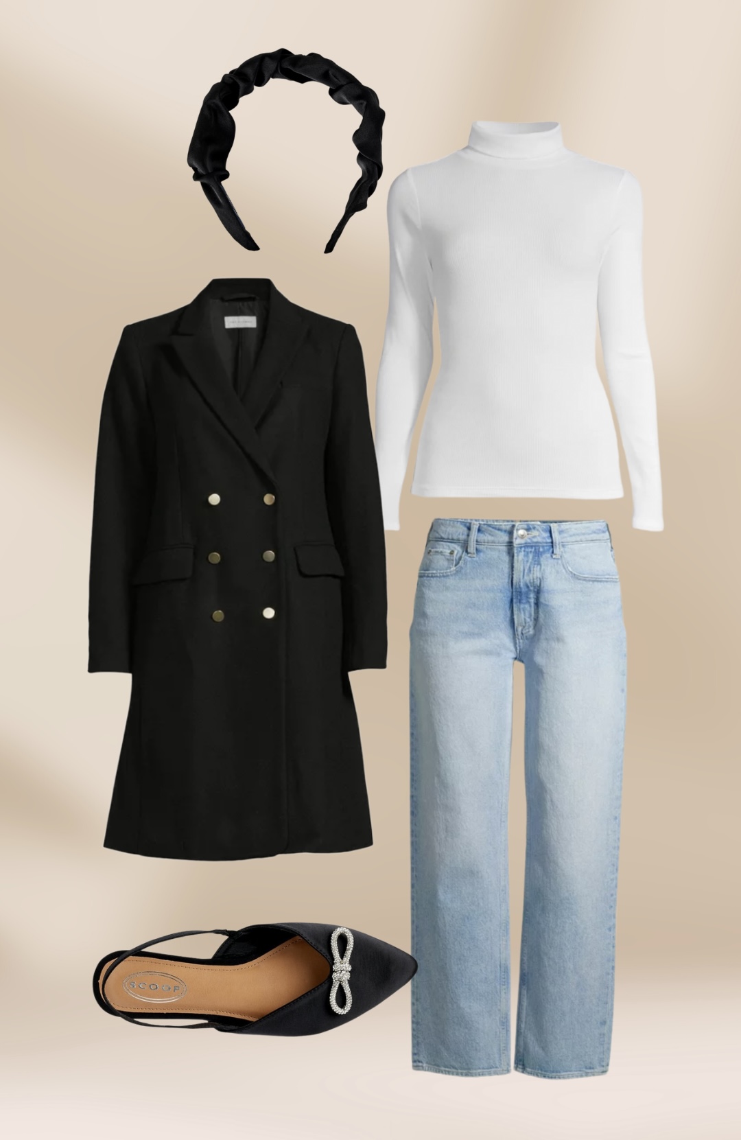 Photos of cozy clothing; jeans, jacket, trend coat, accessories, and shoes.