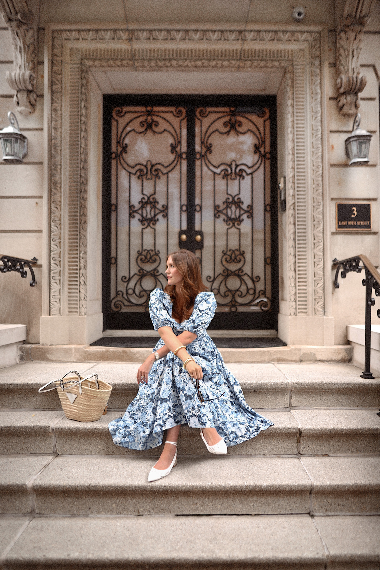 Anna on stoop in blue Abercrombie dress.