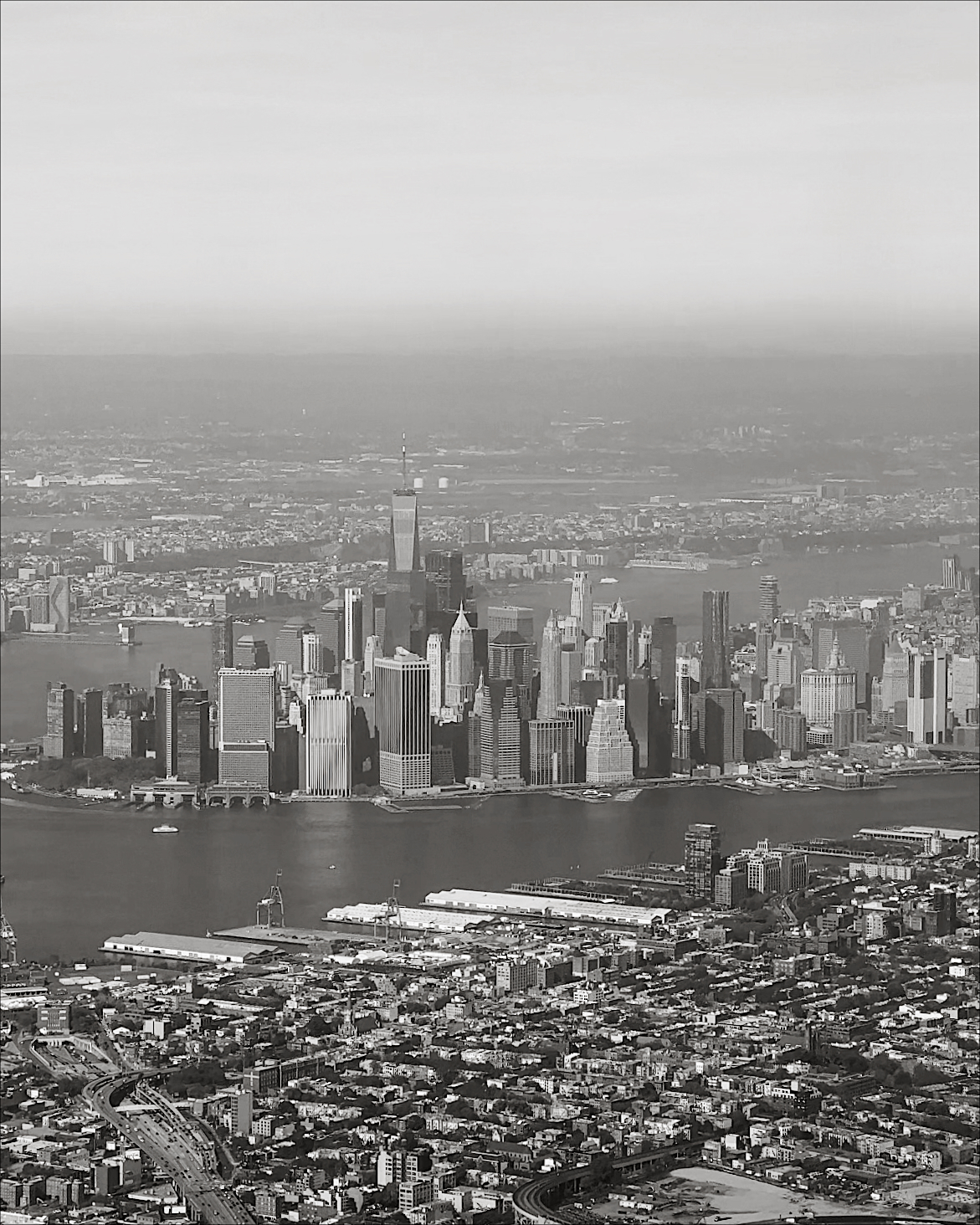 Stock photo of black and white aerial shot of Manhattan.