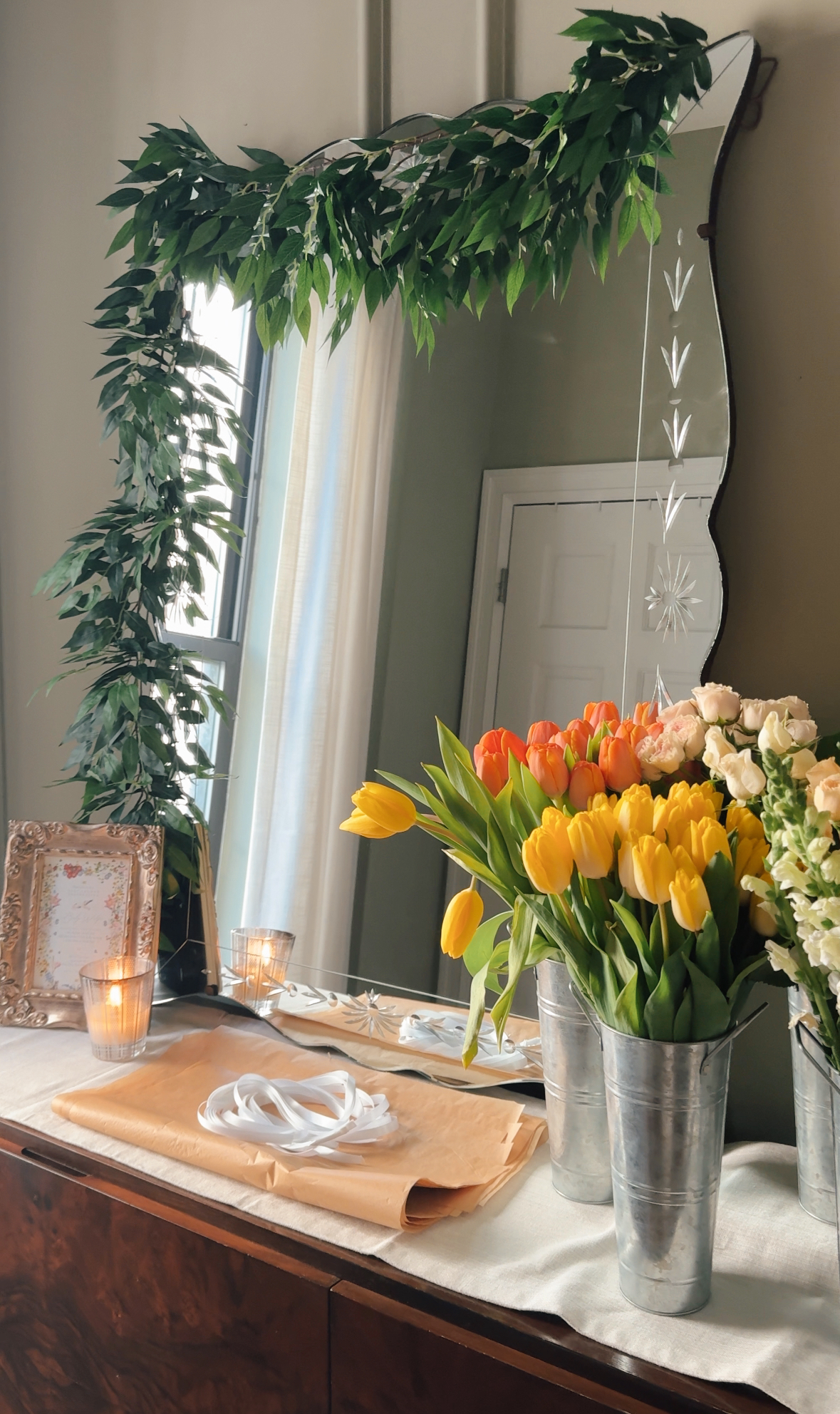 Flowers and baby shower decorations at Anna's Upper East Side apartment