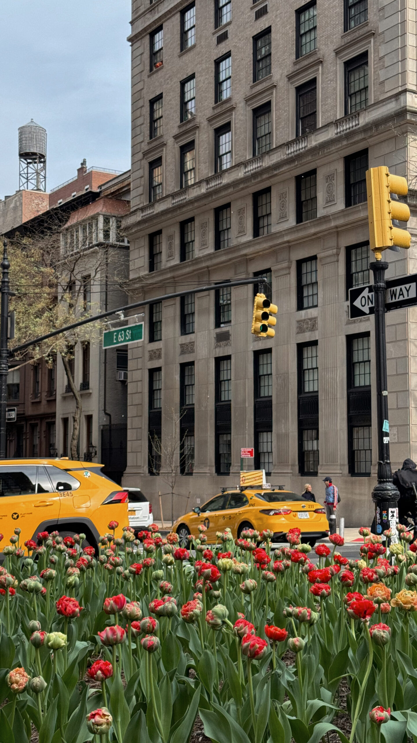 Park Avenue in New York City with red flowers and taxi cabs in the background